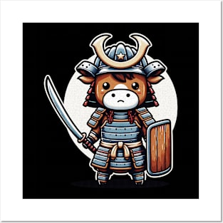 Kawaii Samurai Animal Cow Warrior with Katana Shield Cute Posters and Art